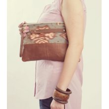 IKAT CLUTCH. Brown Leather Clutch. Wrist Strap Clutch. Oversized Clutch. Tribal Print Bag.