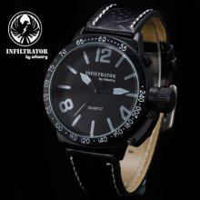 Infantry Infiltrator Sport Army Quartz Analog Black Leather Mens Wrist Watch