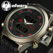 Infantry Lcd Dual Time Mens Boy Sport Date Day Stopwatch Wrist Watch Rubber Red