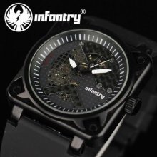 Infantry Skeleton Mechanical Mens Wrist Watch Black Rubber Military Sport Style