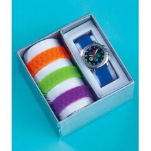 Interchangeable Peace Sign Watch Set Blue Orange Green Purple Wrist Bands Boxed