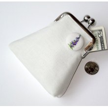 Ivory purse with hand embroidered Purple Foxglove button ... coin, credit card, jewelry purse ... bridesmaid gift idea