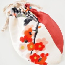 Japanese vintage silk kimono bag/ drawstring pouch- ume,plum, red