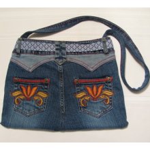 Jeans purse - Fire Lotus - Upcycled embriodered purse