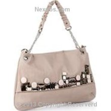 Jewel Embeded Leather Handbag Purse Beige Clutch