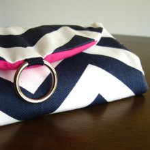 Jewelry Organizer Roll Clutch for Travel - Navy and White Chevron with Fuchsia