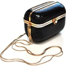 Judith Leiber Vtg Black Python & Gold Chain Minaudiere Evening Exotic Box Purse