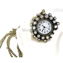 Korean Style Bronze Color Diamond Pocket Watch Necklace, Sweater Nec