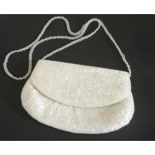 La Regale White Iridescent Beaded Flap Evening Shoulder Bag Clutch