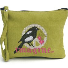 LA wristlet / iPad Mini case - cotton canvas in Kiwi with Imagine Peace embroidery