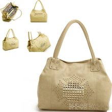 Ladies Beige Leather Style Cross Studded Slouch Designer Shoulder Bag Handbag