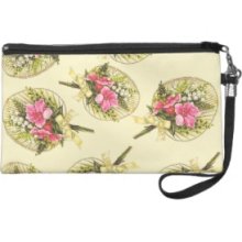 Ladies Vintage Fan With Floral Wristlet Clutch