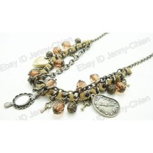 Ladies Womens Charm Beads Mirror Clock Key Multi Element Pendant Necklace 349