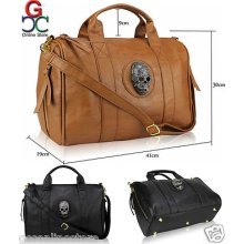 Ladies Womens Designer Style Leather Skull Tote Bag Shoulder Handbag