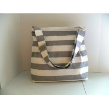 Large Bag Made of Grey and White Stripe Fabric with Adjustable Strap