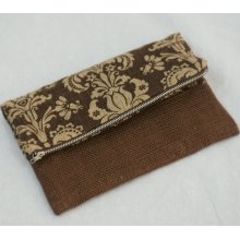 Large Envelope Zippered Clutch in Brown and Tan Tapestry Print Jute