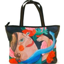 Large Handbag, bird, girl, colourful, print, retro