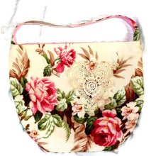 Large Hobo Bucket Bag Pink Roses Barkcloth