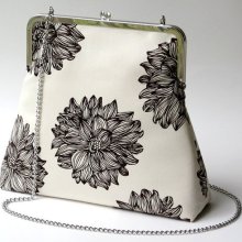 Large ivory and dark brown floral clutch purse with 4 pockets and a detachable chain ... luxurious organic fabrics