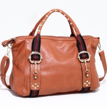 Large Studded Satchel w/Fashion Inspired Stripes & Bonus Strap - Brown - Leather-Like - Brown - Large