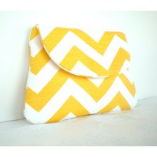 Larkspur Clutch - Bridesmaid Gift Clutch - Make Up Bag - Cosmetic Bag - Yellow and White Chevron - Travel Bag - Ready to Ship