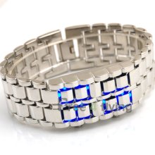 Lava Blue Led Digital Date Samurai Silver Bracelet Men Boys Stylish Bangle Watch