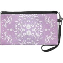 Lavender Purple and White Floral Damask Wristlet Purses