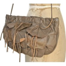 Leather Fringe Bag Clutch / taupe petal purse