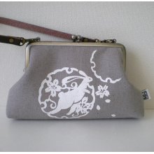 Leather handle Linen quilted purse, camera, iPod, phone, Rabbit in Ash grey