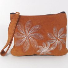 Leather wristlet / iPad Mini case - in Cognac with retro swirl embroidery