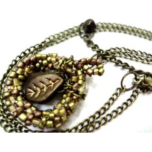 Light Brown Beaded Pendant Necklace Beaded with Leaf Circle Center