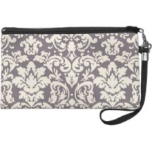 lovely ornate ivory on grey taupe damask Wristlet Purses