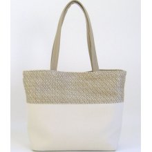 Luxe Fabric Tote Converts to Hobo Bag --Cream/Sand/ Beige Basketweave Border Accents Solid Cream and Sand Body