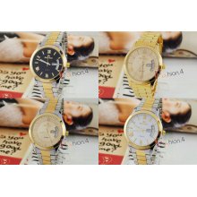 Luxury 4 Styles Day Date Golden Steel Band Mens Quartz Wrist Watch