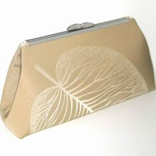 Luxury Clutch Purse - Camel Colored Silk Leaf Motif - Antique White Silk Lining