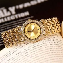 Luxury Ladies Women Bling Crystal 18k Gold Tone Quartz Bangle Wrist Watch