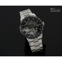 Luxury Mens Watches Black Dial Silver Hollow Automatic Movement Back