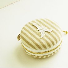 macaron Coin purse, Eiffel Tower Paris, lace Light brown stripe macaroon,Jewelry pouch