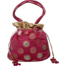 Magenta/pink And Gold Handmade Raw Silk Bag With Beads