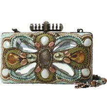 Mary Frances Blue Green Grotto Beaded Purse Pewter Flower Bead Handbag Bag