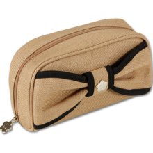 Mary Quant Big Ribbon Oval Pouch W/ Mini Mirror Linen Rayon Beige F/s Japan