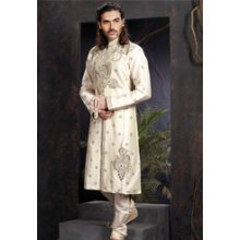 Men-Off White Dupion Silk Readymade Sherwani