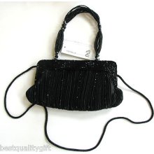 Menbur Handcrafted Black Pleated Bag W/ Bead Decoration Evening Handbag-new+tag