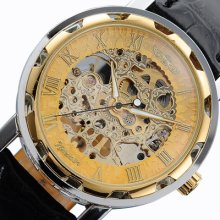 Men's Man Gold Dial Skeleton Mechanical Sport Army Leather Wrist Watch Cnp