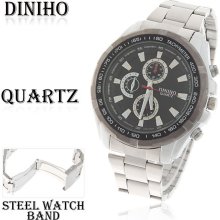 mens new Diniho stainless steel chrome watch w/black & silver face brushed band