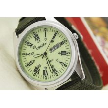 Mens Newest Army-green Canvas Band Double Calendar Quartz Wrist Watch Lume Hands