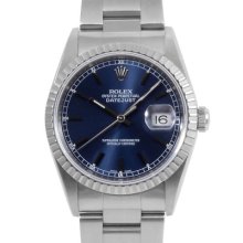 Mens Rolex Datejust Stainless Steel Watch Blue Dial Steel Engine Turned Bezel