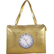 Metallic Snakeskin Textured Tote Bag Built In Clock