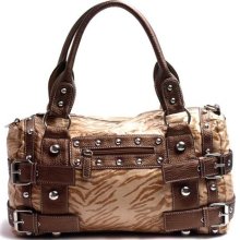 Metallic Zebra Stud Satchel - Brown/Tan ...