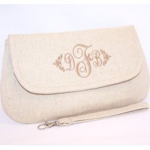 Monogrammed Wristlet/Clutch in Linen and Cotton Blend - Choice of Colors